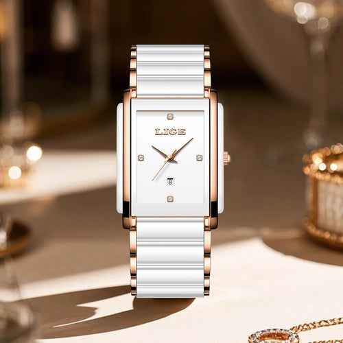 LIGE Fashion Square Quartz Woman Watches Ceramics Elegant Simple Diamond Auto Date Romantic Birthday Gift Leisure Wristwatch New