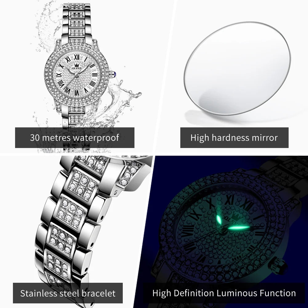 OLEVS Luxury All Diamond Original Quartz Watch Women Elegant Stainless Steel Waterproof Ladies Wrist Watches Relogio Feminino