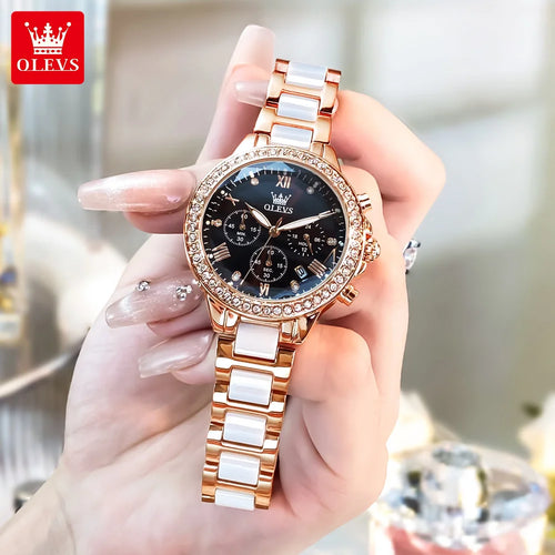 OLEVS 9999 Quartz Womens Watch Three Small Dials Date Ceramic Strap Waterproof Diamond Watches Elegant Wristwatch