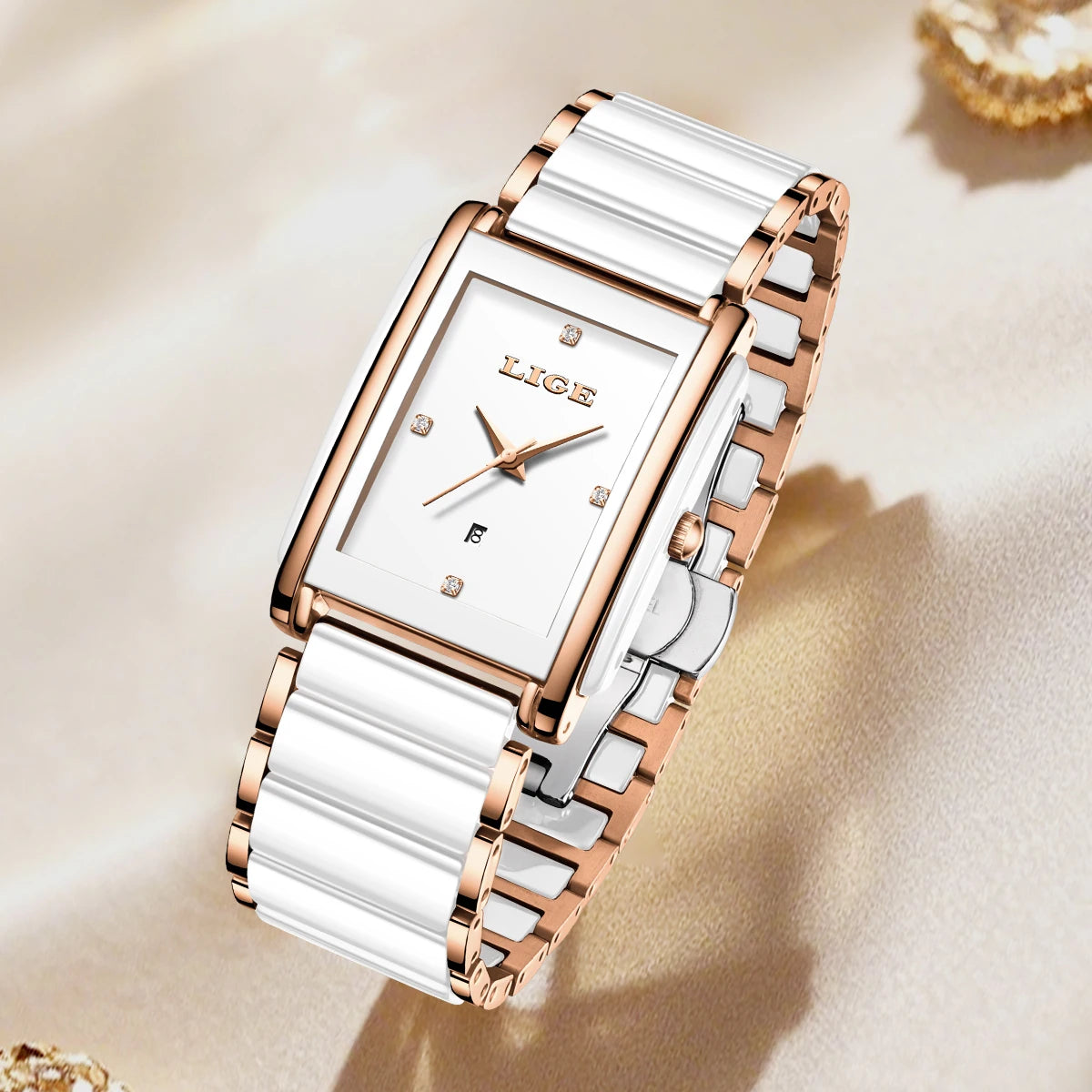 LIGE Fashion Square Quartz Woman Watches Ceramics Elegant Simple Diamond Auto Date Romantic Birthday Gift Leisure Wristwatch New