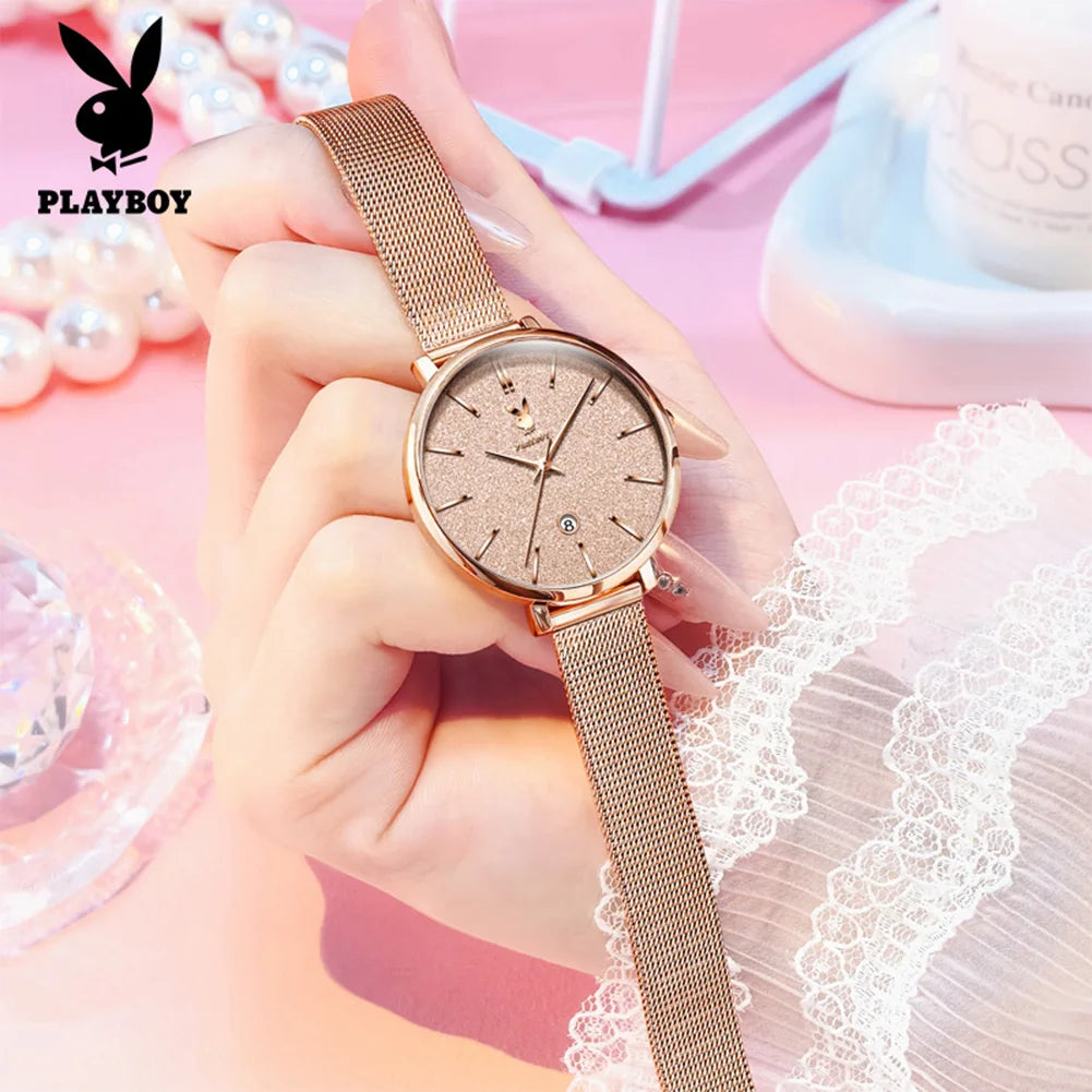PLAYBOY 3093 Ladies Quartz Watch Luxury Sparkle Dial Mesh Strap Waterproof Casual Dress Wristwatch For Women Gift Box