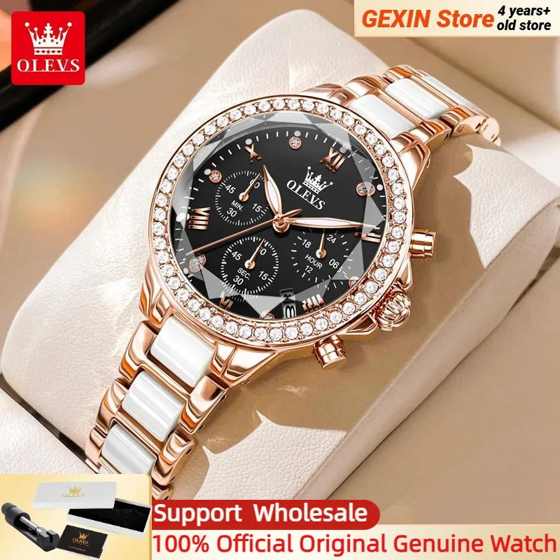 OLEVS 9999 Quartz Womens Watch Three Small Dials Date Ceramic Strap Waterproof Diamond Watches Elegant Wristwatch