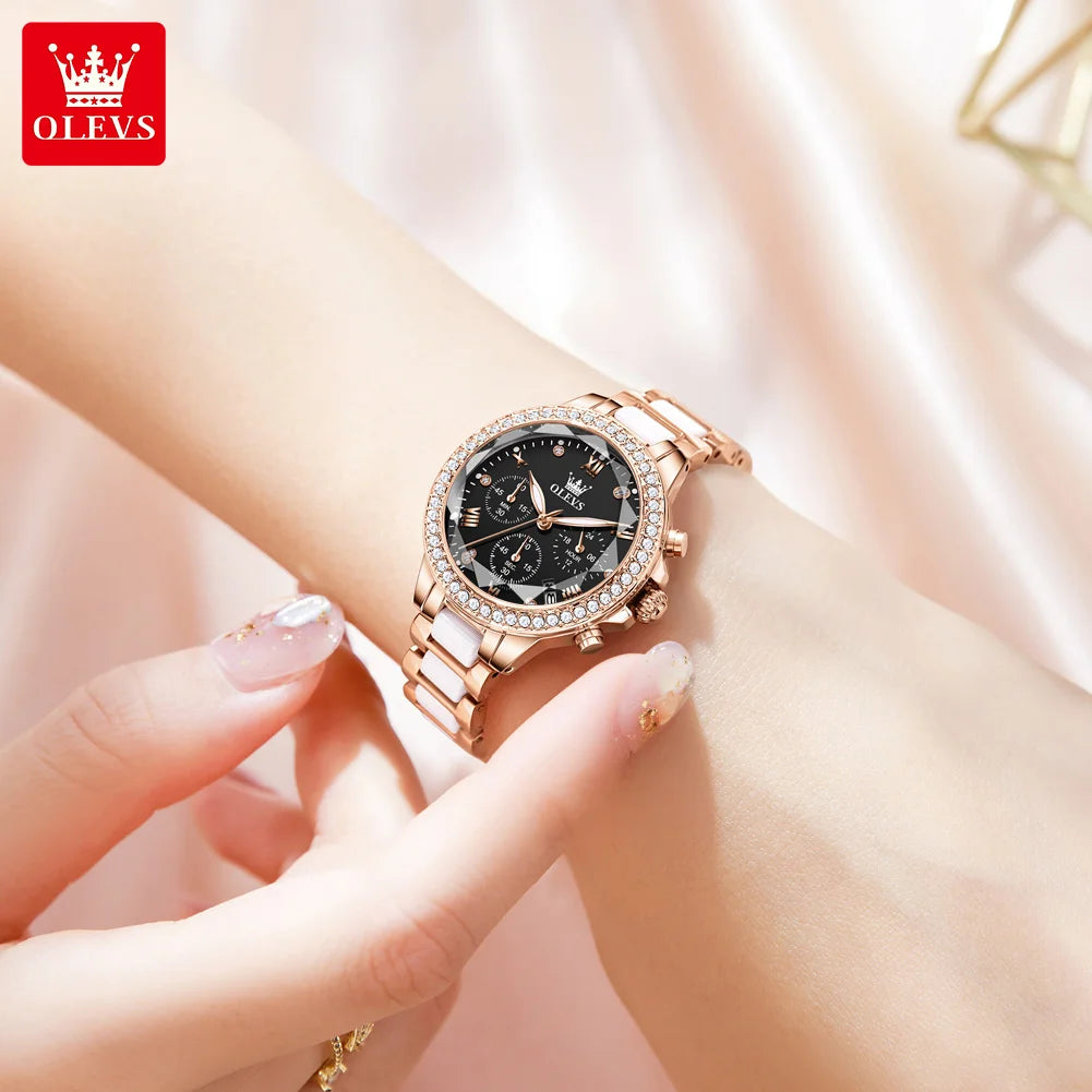 OLEVS 9999 Quartz Womens Watch Three Small Dials Date Ceramic Strap Waterproof Diamond Watches Elegant Wristwatch