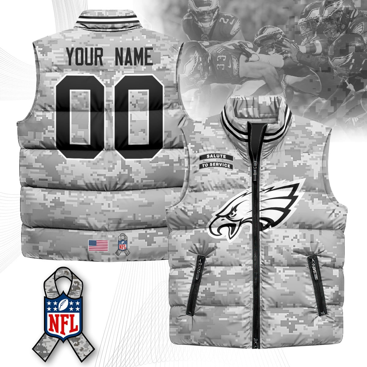Custom Philadelphia Eagles Salute To Service Puffer Vest